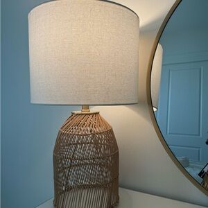 Tan and cream rattan lamp with woven design and gold accents #homedecor #boho